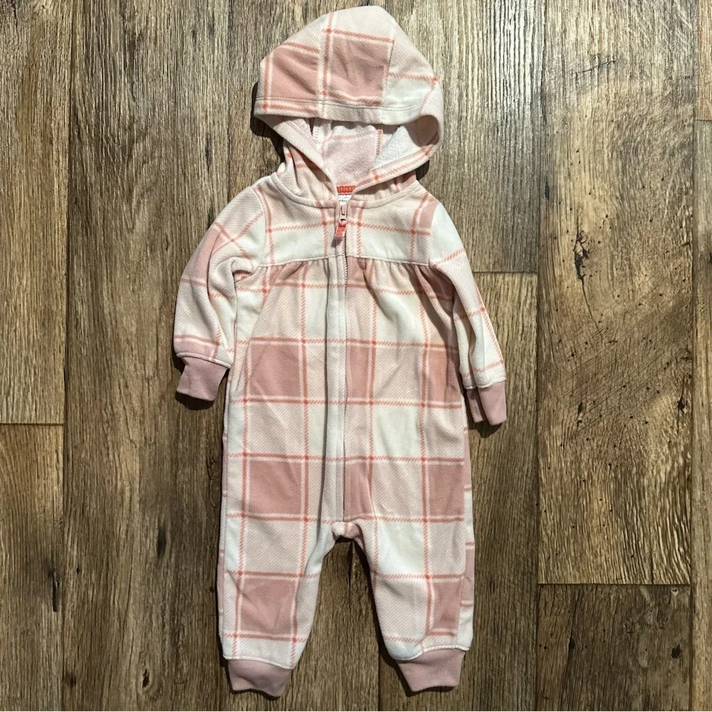 Carter’s Baby Girl Fleece Jumpsuit 6M Pink Plaid Hooded‎ Coverall Zip EUC
